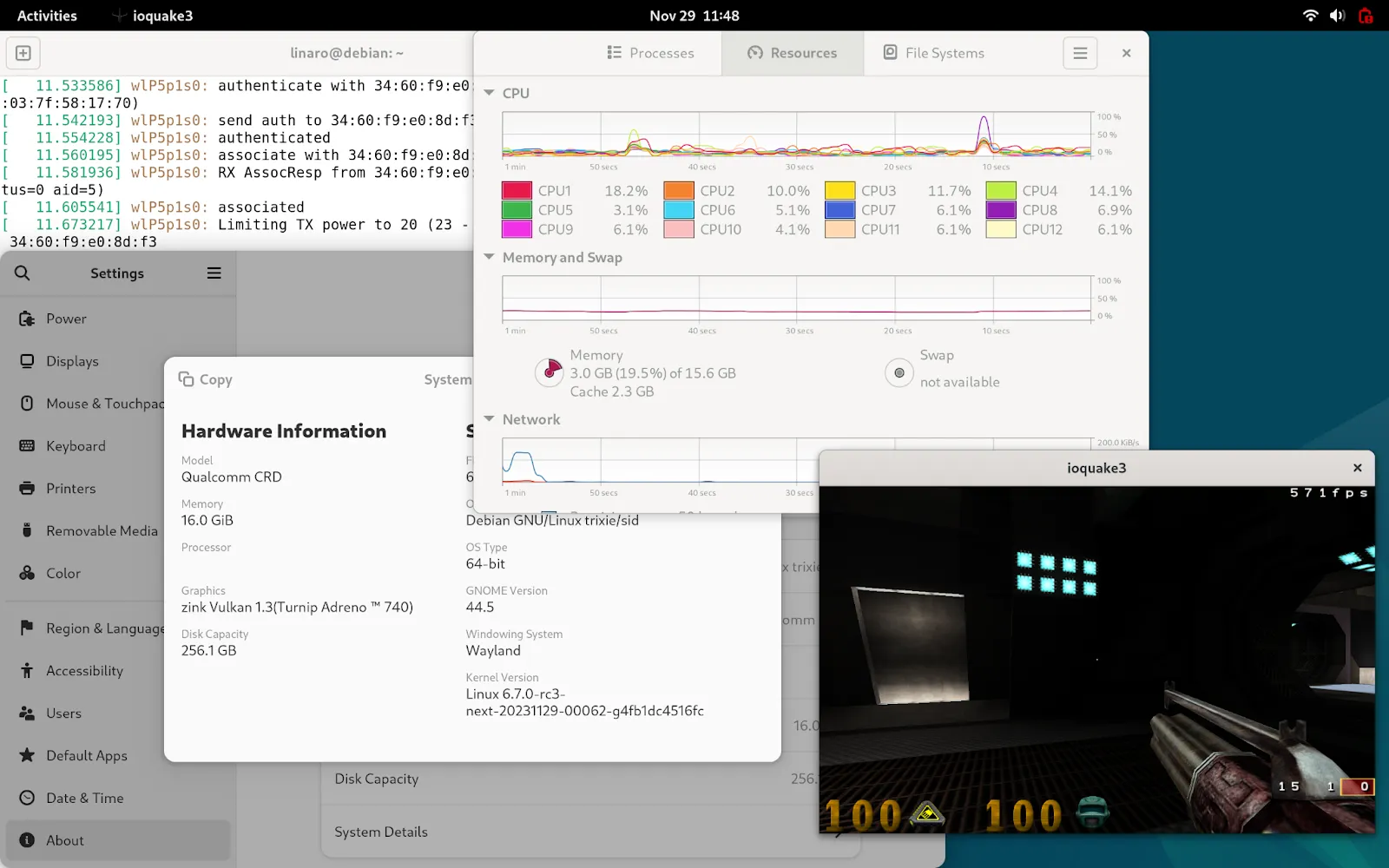 Debian running on top of latest linux-next, with GPU rendering, on Snapdragon X Elite (X1E80100) Compute Reference Device