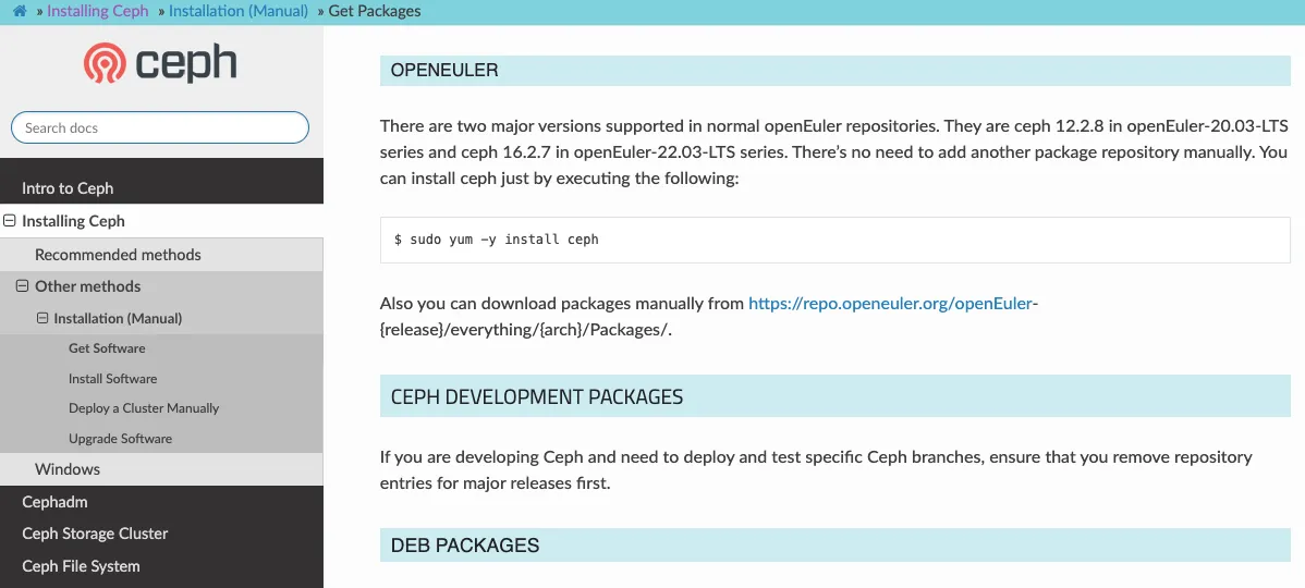 Ceph download page for openEuler packages